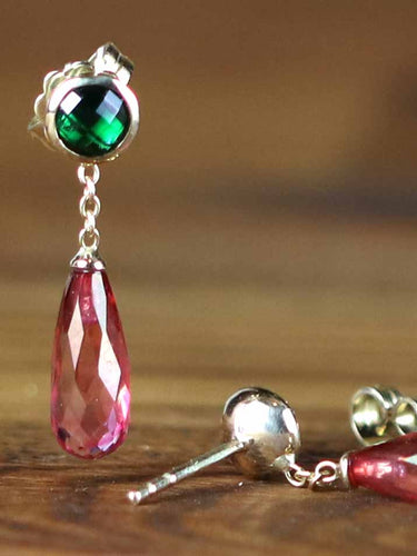 Elegante, moderne Ohrringe aus 585 Gelbgold mit Turmalin und roten Spinell